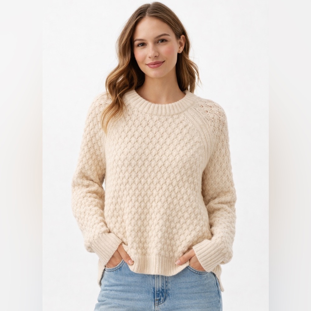 H&M Cream Beige Chunky Textured Knit Sweater Raglan Crewneck Cozy Sz Small